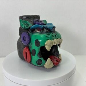 Handmade Mexican Clay Jaguar Whistle Chichen Itza Folk Art Green Black Souvenir